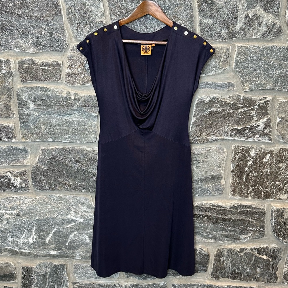 Tory Burch Dress Navy Blue Cowl Neck Short Sleeve Gold Button Detail size Small